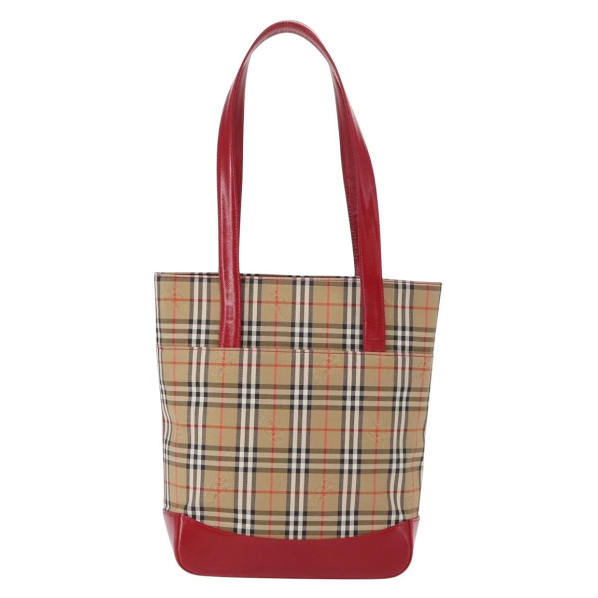 BURBERRY Nova Check Tote Bag Canvas Leather Beige Red gold Auth gh1367