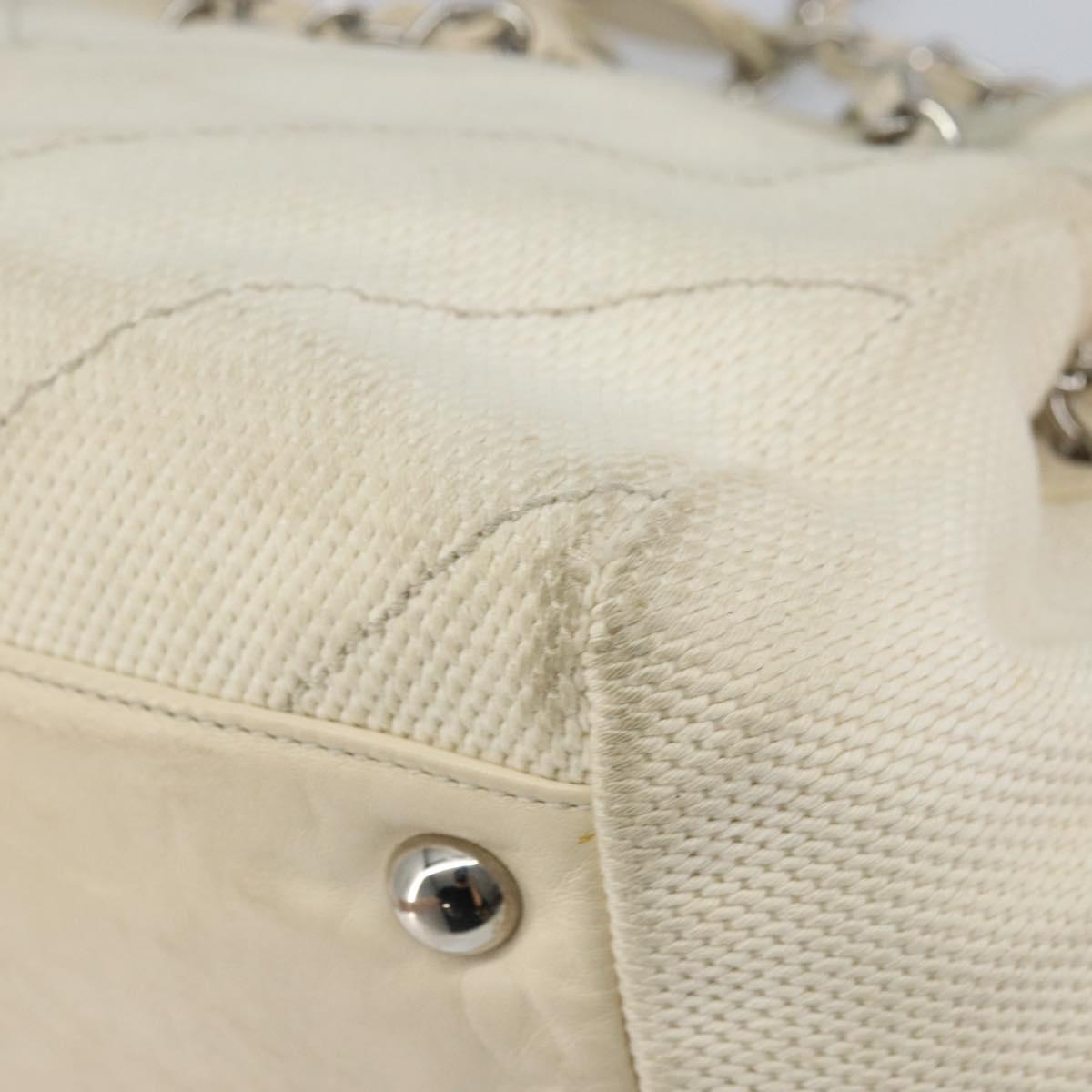 CHANEL Chain V Stitch Shoulder Bag Canvas White Silver CC Auth gh1368