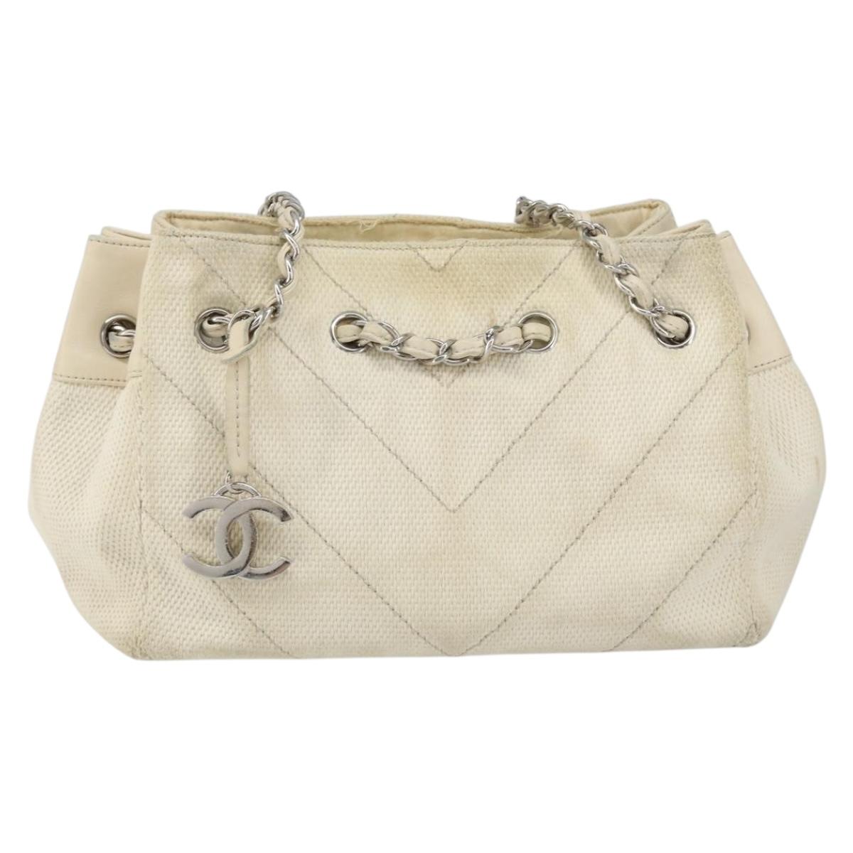 CHANEL Chain V Stitch Shoulder Bag Canvas White Silver CC Auth gh1368