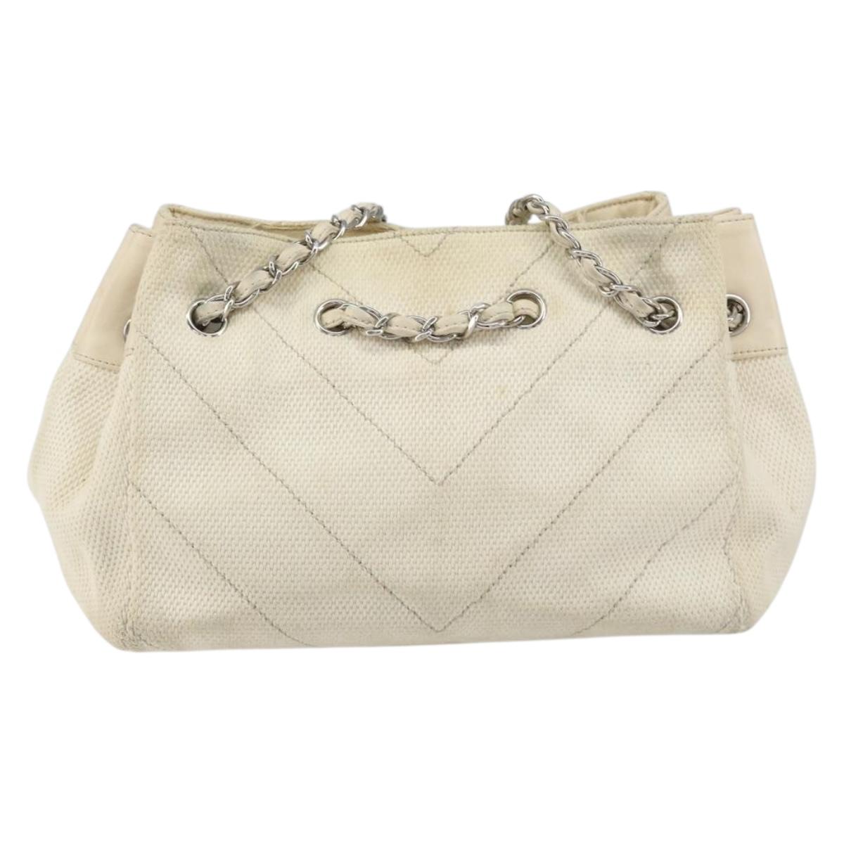 CHANEL Chain V Stitch Shoulder Bag Canvas White Silver CC Auth gh1368