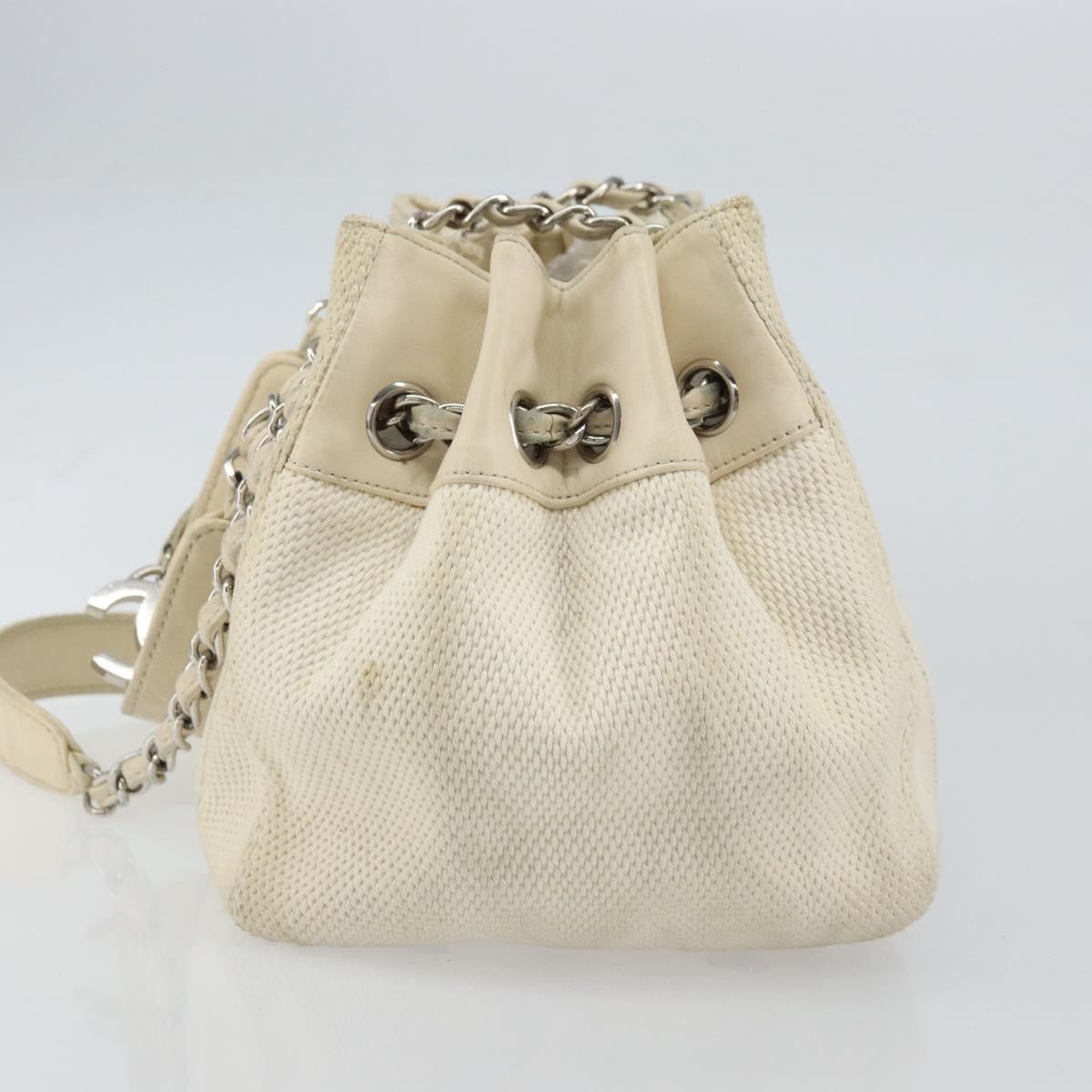 CHANEL Chain V Stitch Shoulder Bag Canvas White Silver CC Auth gh1368
