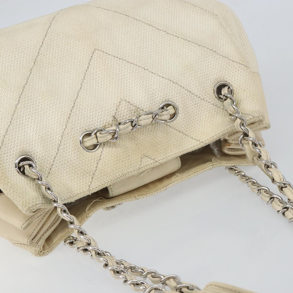 CHANEL Chain V Stitch Shoulder Bag Canvas White Silver CC Auth gh1368