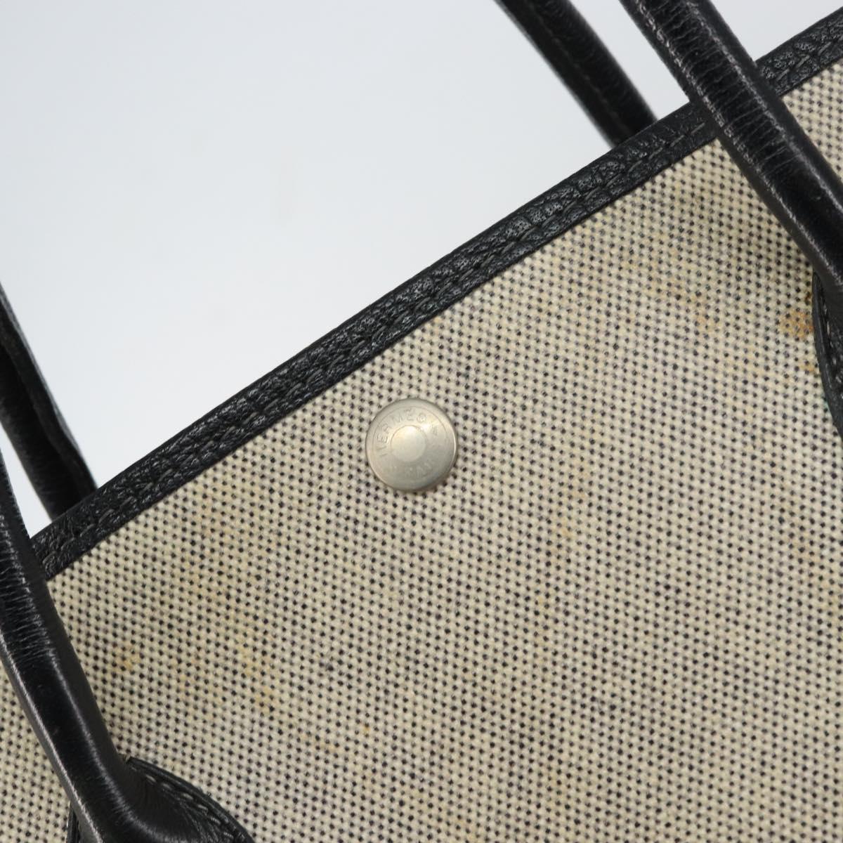 HERMES Garden party PM Bag Coated Canvas Leather White Navy Silver Auth gh1382