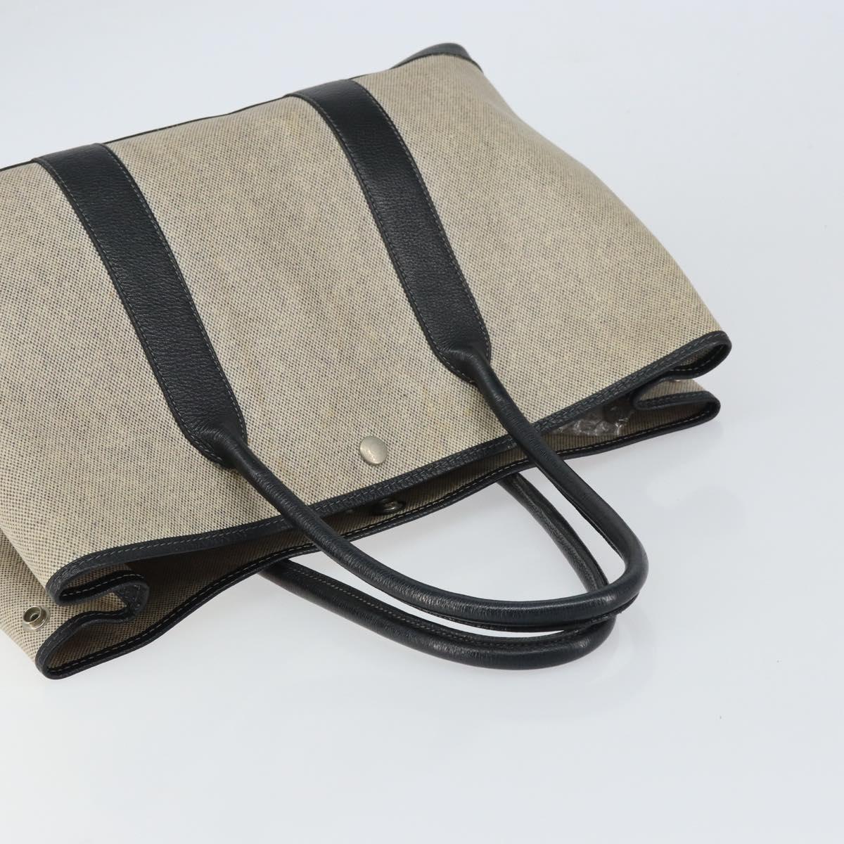 HERMES Garden party PM Bag Coated Canvas Leather White Navy Silver Auth gh1382