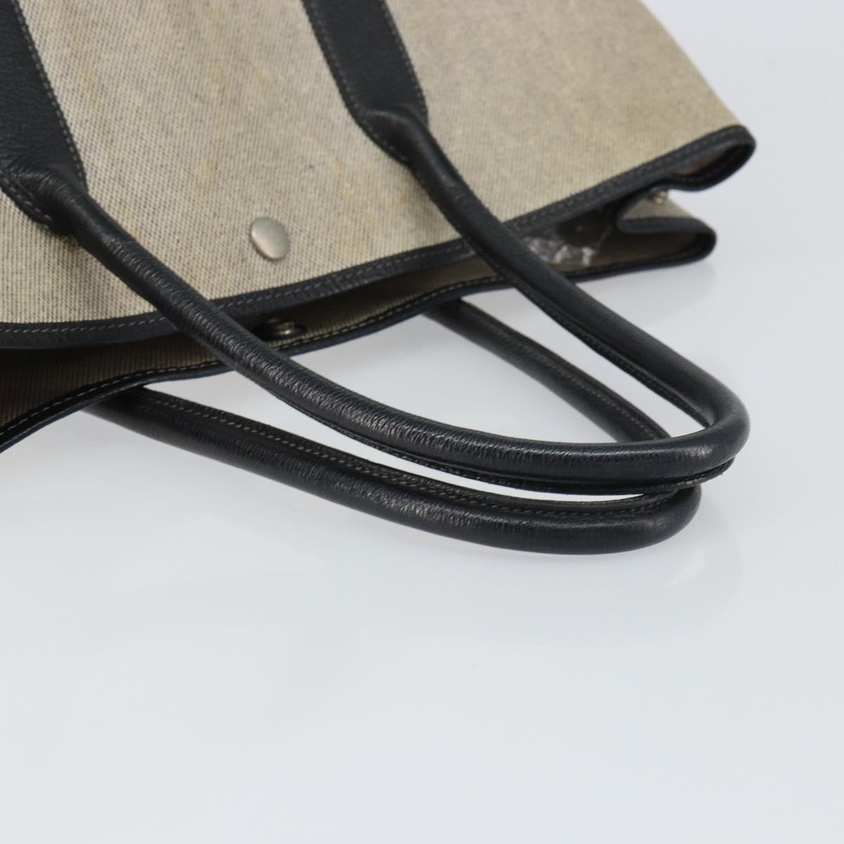 HERMES Garden party PM Bag Coated Canvas Leather White Navy Silver Auth gh1382