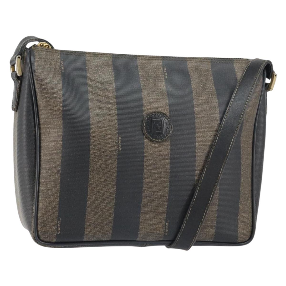 FENDI Pecan Canvas Shoulder Bag PVC Black Brown gold Auth gh1406