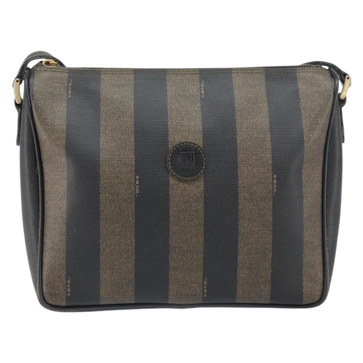 FENDI Pecan Canvas Shoulder Bag PVC Black Brown gold Auth gh1406
