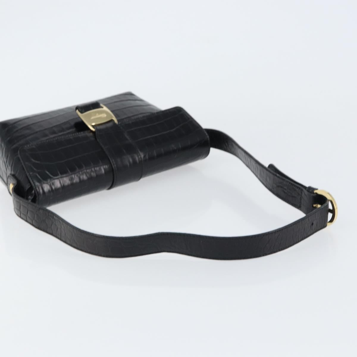 Salvatore Ferragamo Vala Vala Shoulder Bag Leather Black Gold Auth gh1408