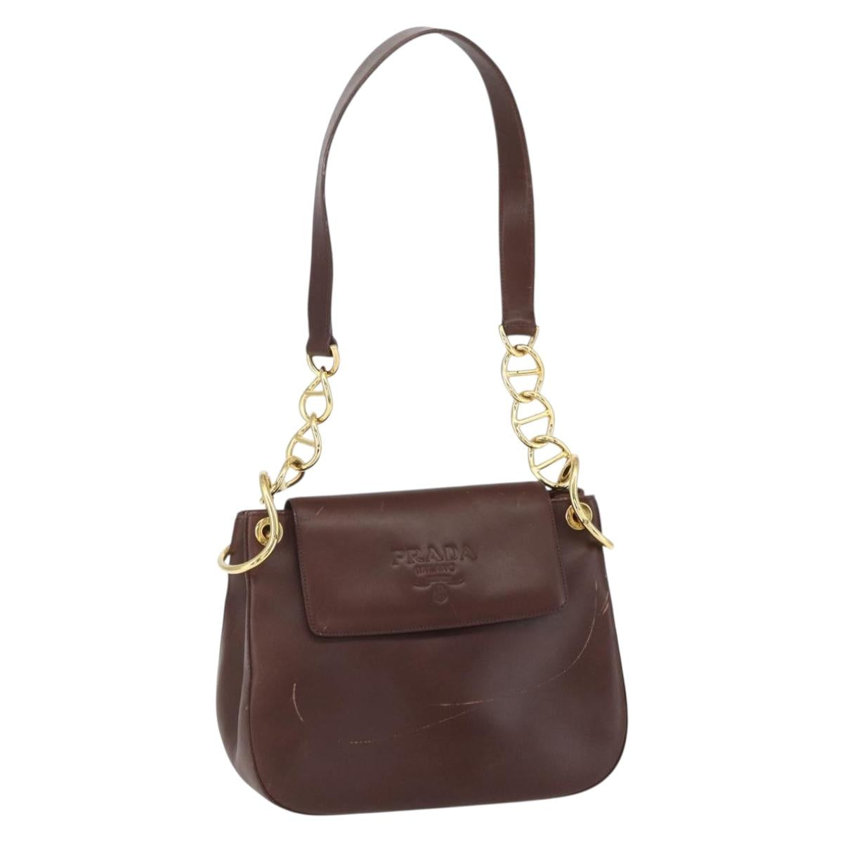 PRADA Shoulder Bag Leather Brown Gold Auth gh1442