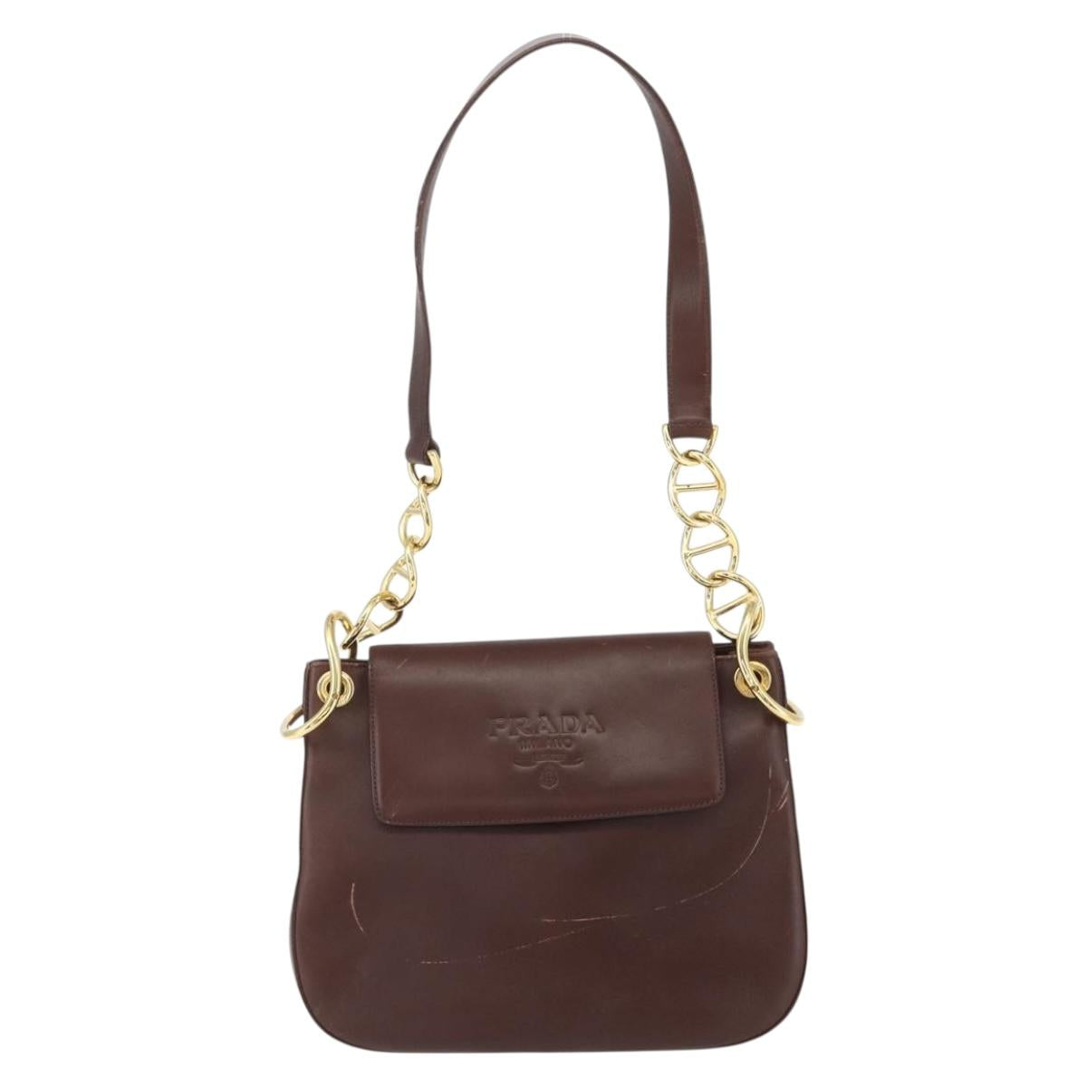 PRADA Shoulder Bag Leather Brown Gold Auth gh1442