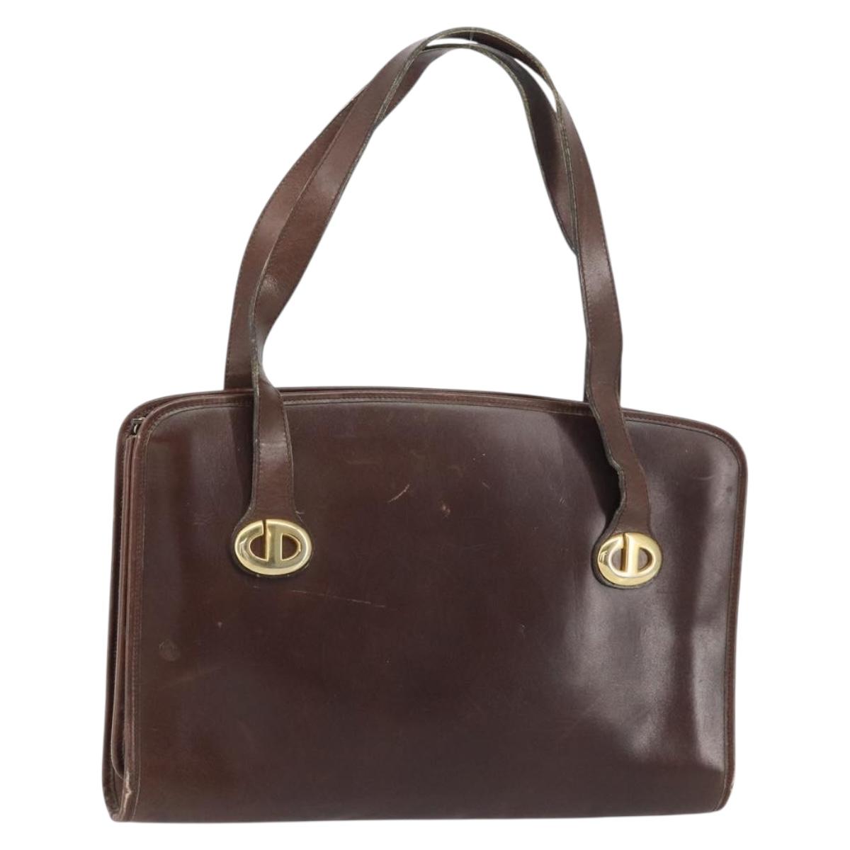 Christian Dior Hand Bag Leather Brown Gold Auth gh1451