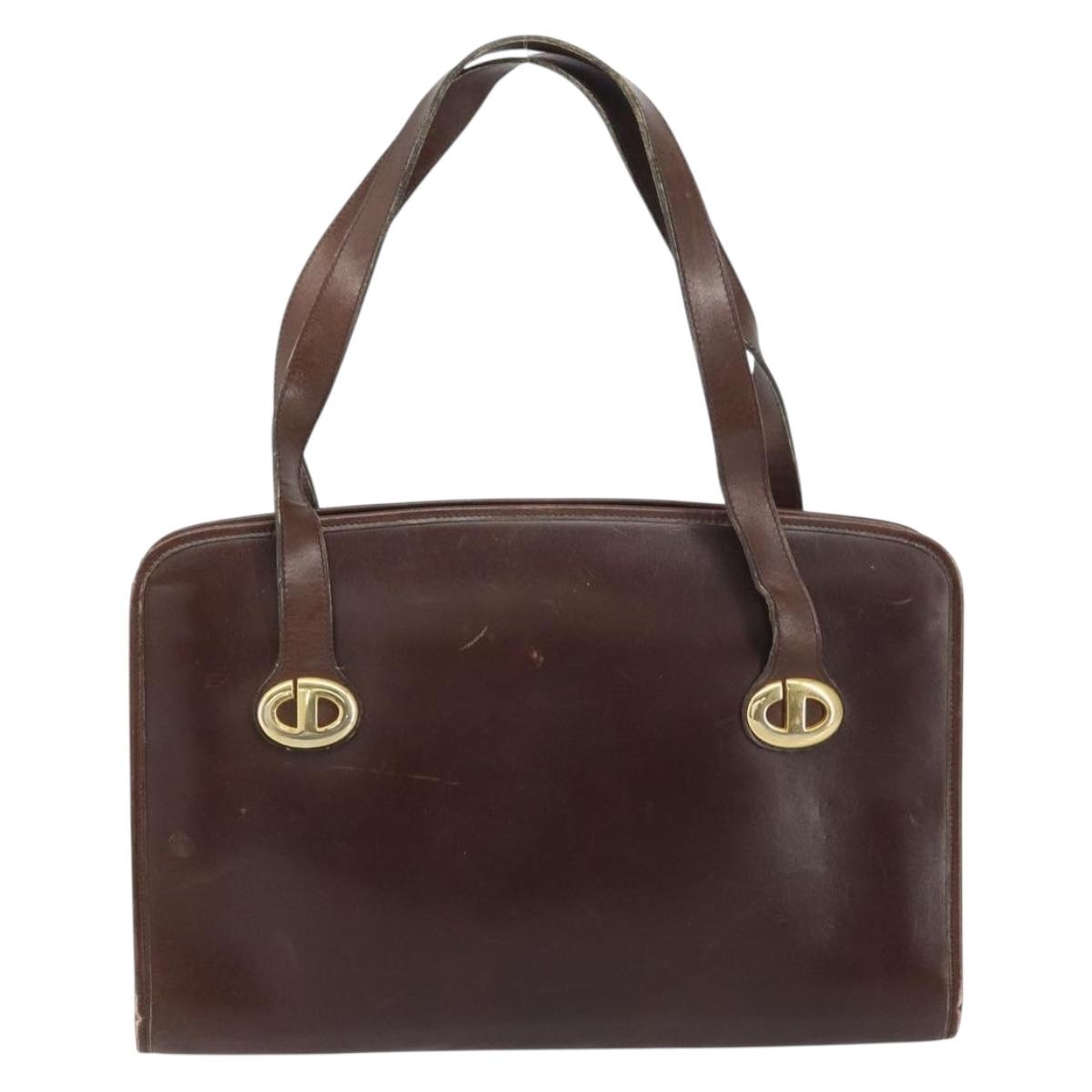 Christian Dior Hand Bag Leather Brown Gold Auth gh1451