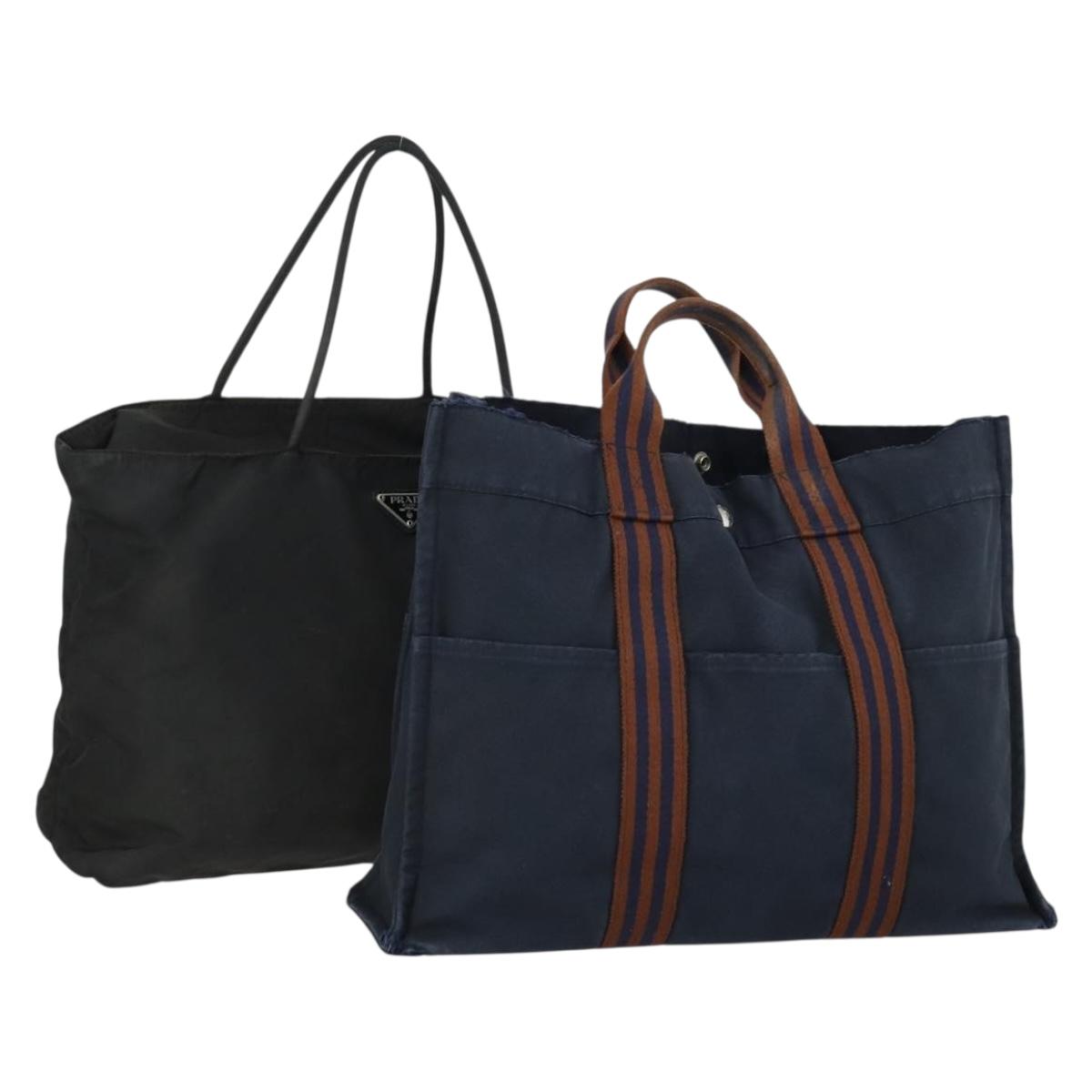HERMES PRADA Hand Bag Canvas nylon 2 Set Black Navy Auth gh1454
