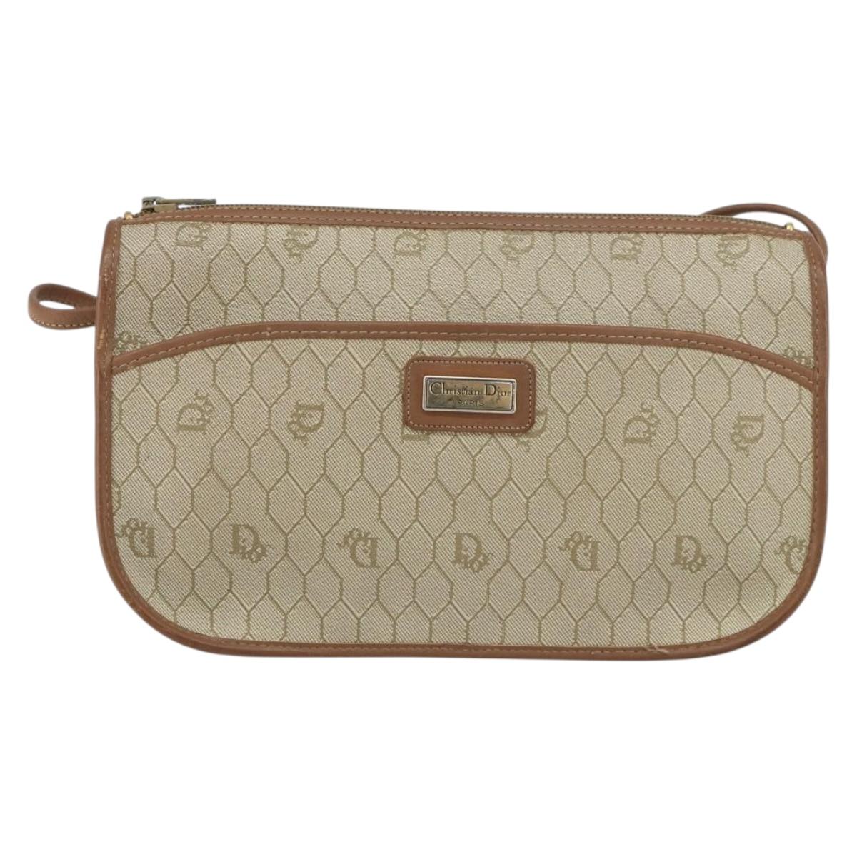 Christian Dior Honeycomb Canvas Shoulder Bag PVC Beige Gold Auth gh1470