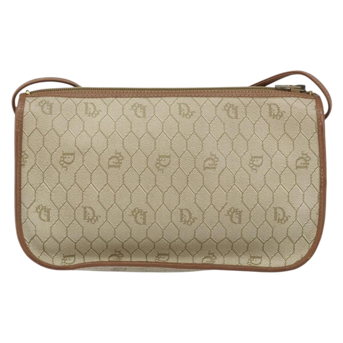Christian Dior Honeycomb Canvas Shoulder Bag PVC Beige Gold Auth gh1470