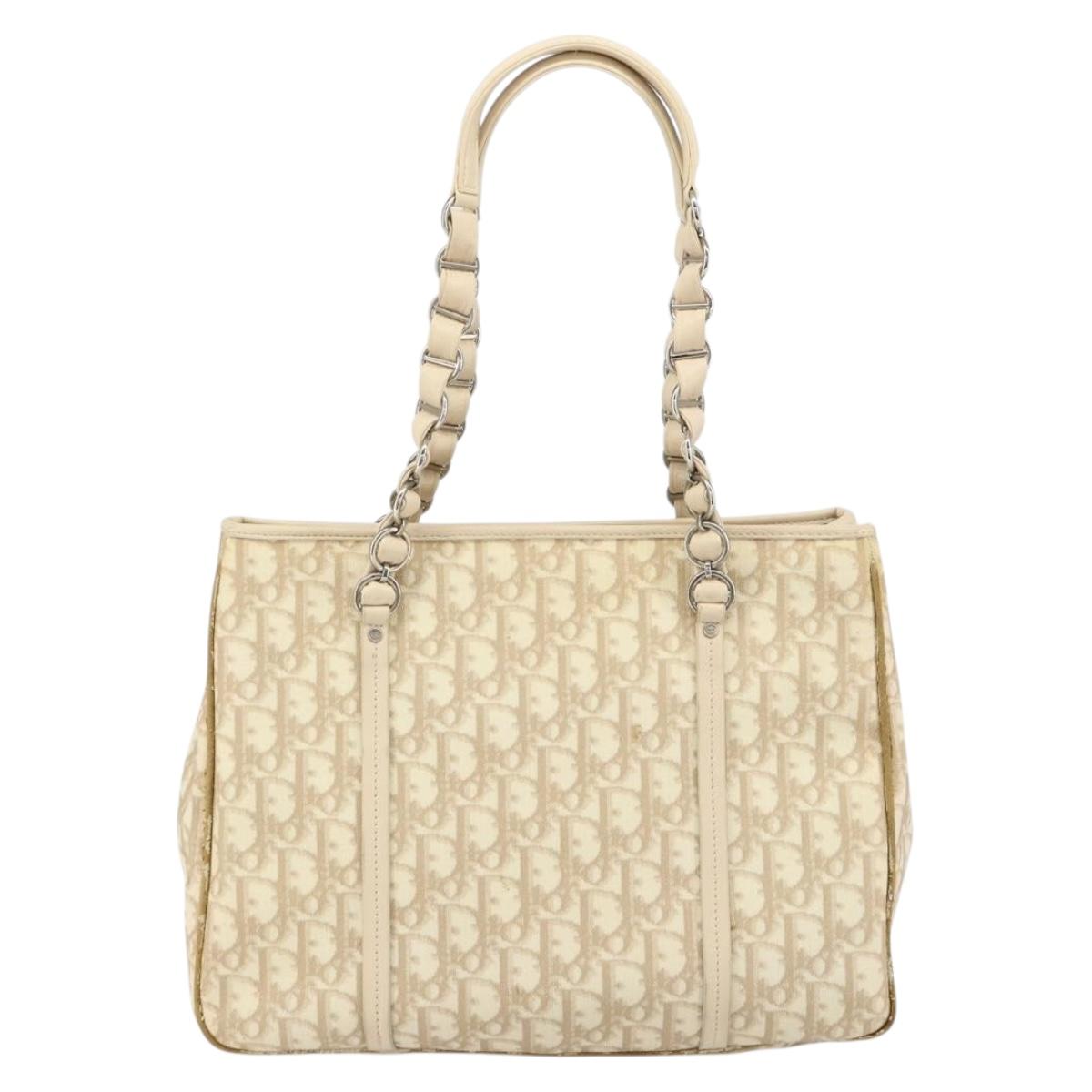 Christian Dior Trotter Canvas Romantic Tote Bag PVC Beige Silver Auth gh1473