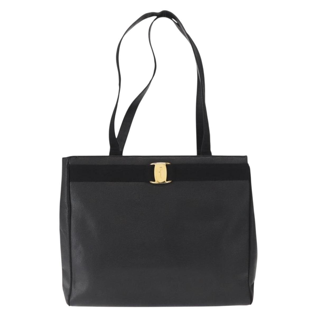 Salvatore Ferragamo Vala Tote Bag Leather Black Gold Auth gh1481