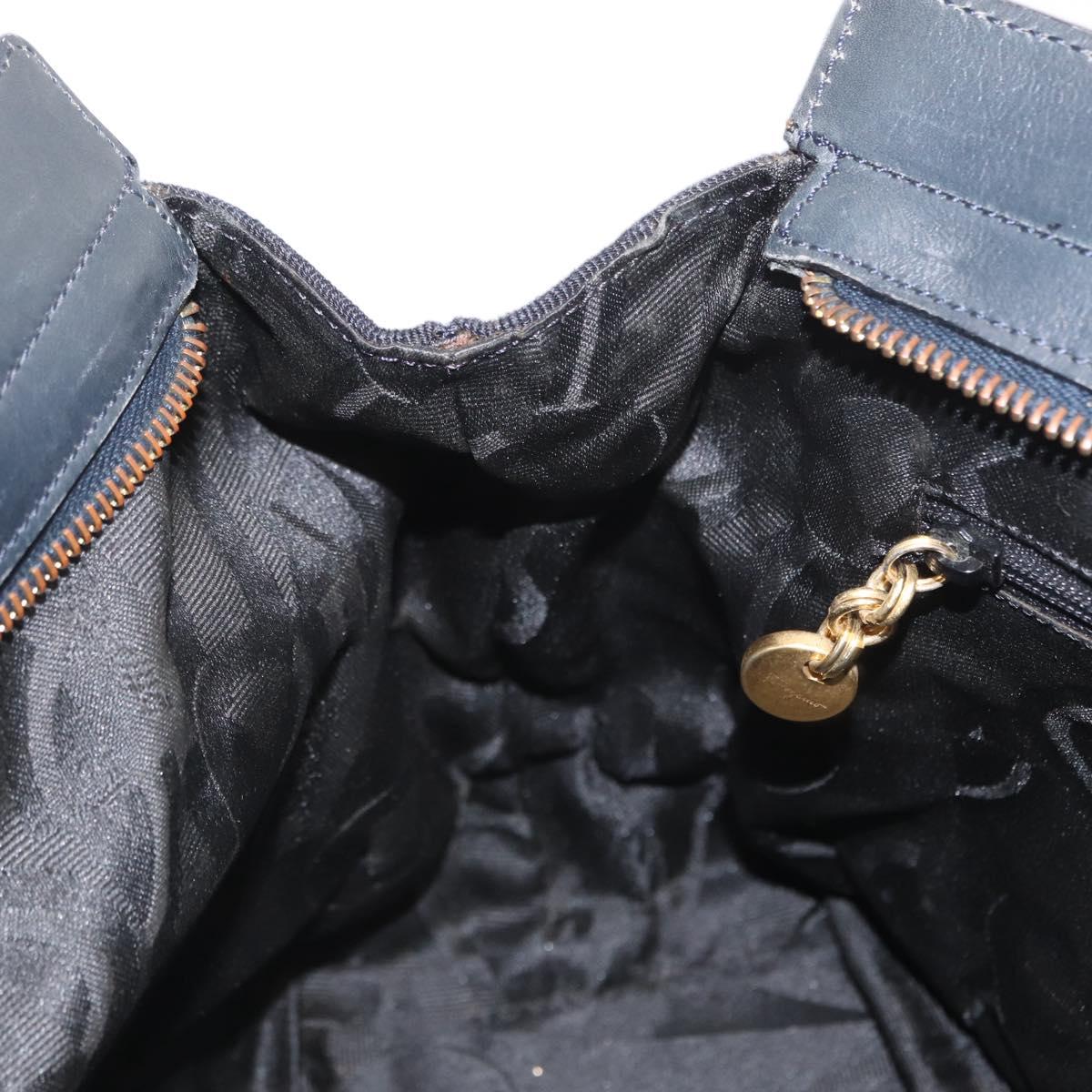 Salvatore Ferragamo Vala Hand Bag Canvas Navy Gold Auth gh1482