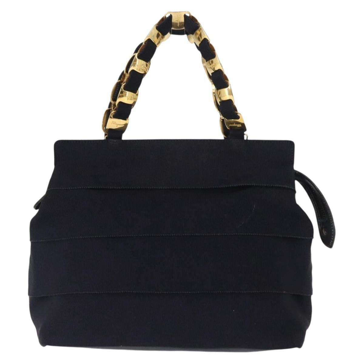 Salvatore Ferragamo Vala Hand Bag Canvas Navy Gold Auth gh1482