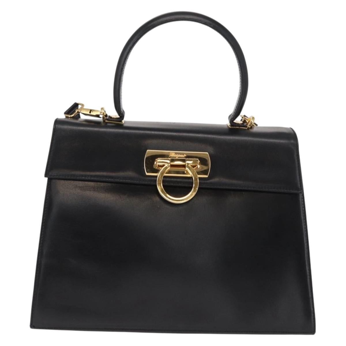 Salvatore Ferragamo Gancini Hand Bag Leather 2way Black Gold Auth gh1484