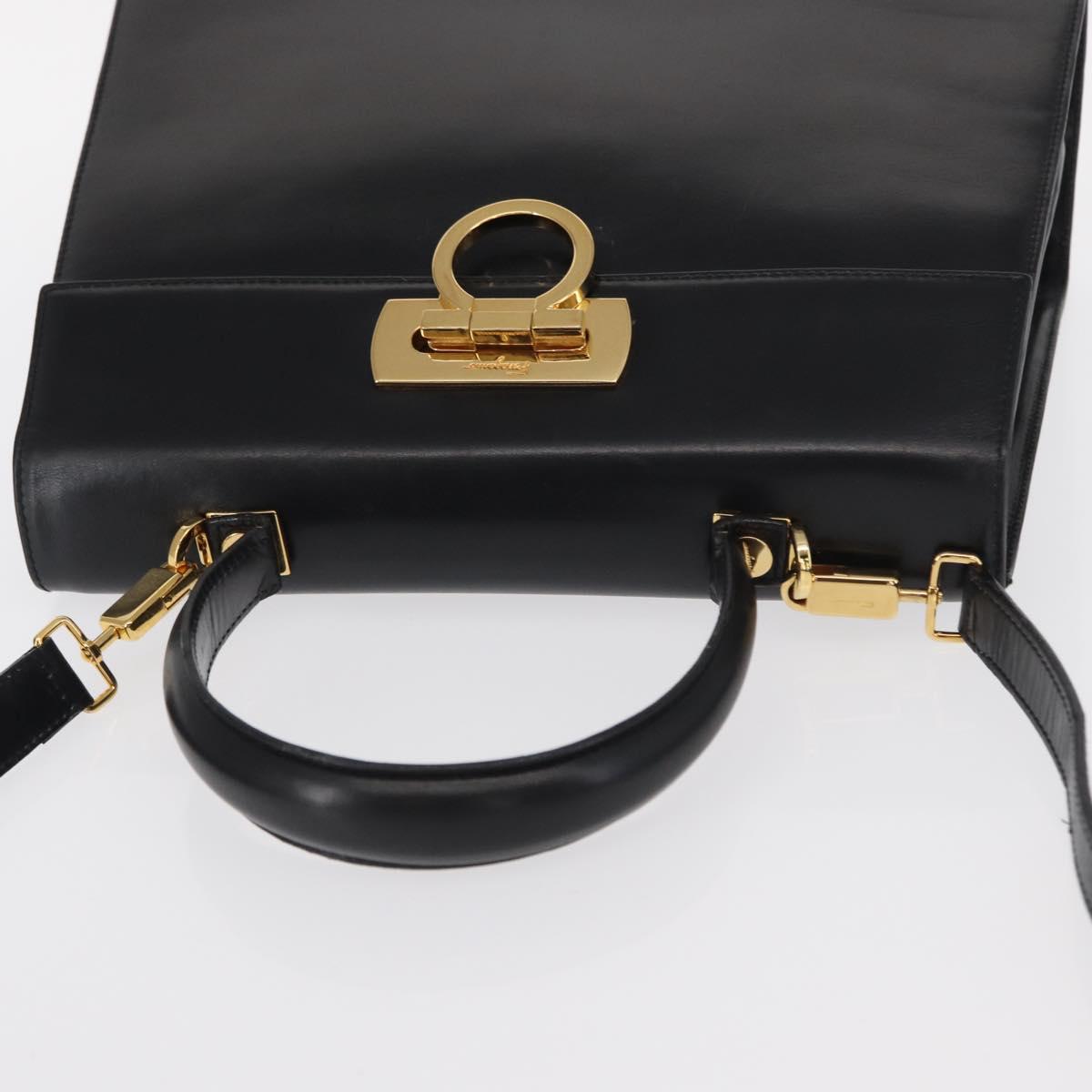 Salvatore Ferragamo Gancini Hand Bag Leather 2way Black Gold Auth gh1484