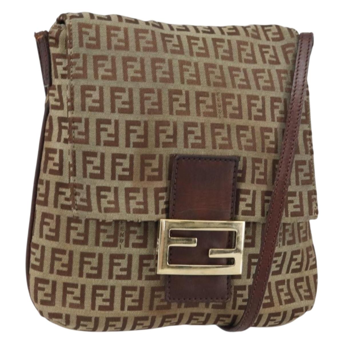 FENDI Zucchino Canvas Mamma Baguette Shoulder Bag Brown Gold Auth gh1492