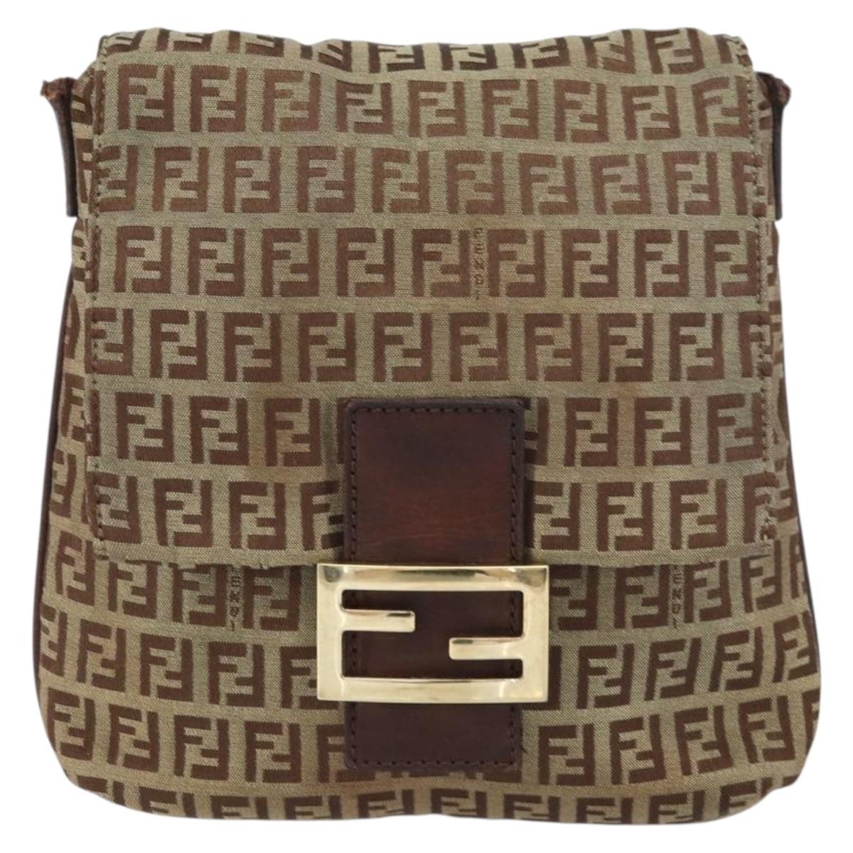 FENDI Zucchino Canvas Mamma Baguette Shoulder Bag Brown Gold Auth gh1492