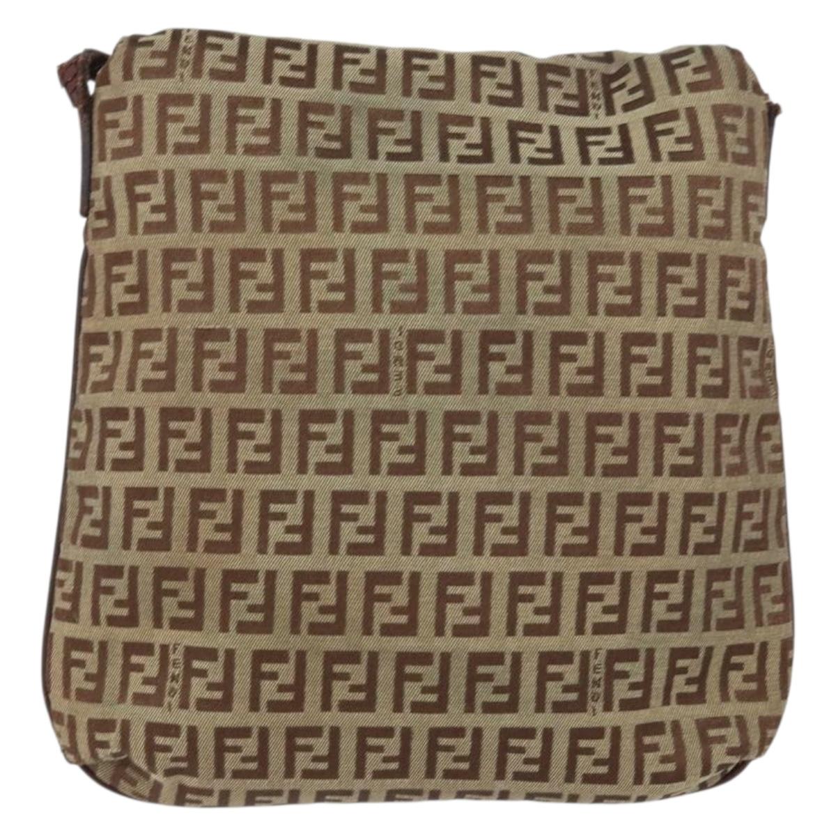 FENDI Zucchino Canvas Mamma Baguette Shoulder Bag Brown Gold Auth gh1492