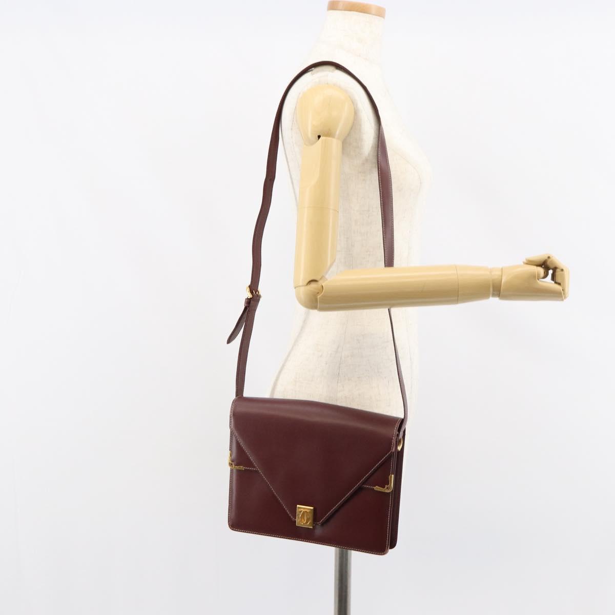 CARTIER Must Line Shoulder Bag Leather Bordeaux Gold Auth gh1495