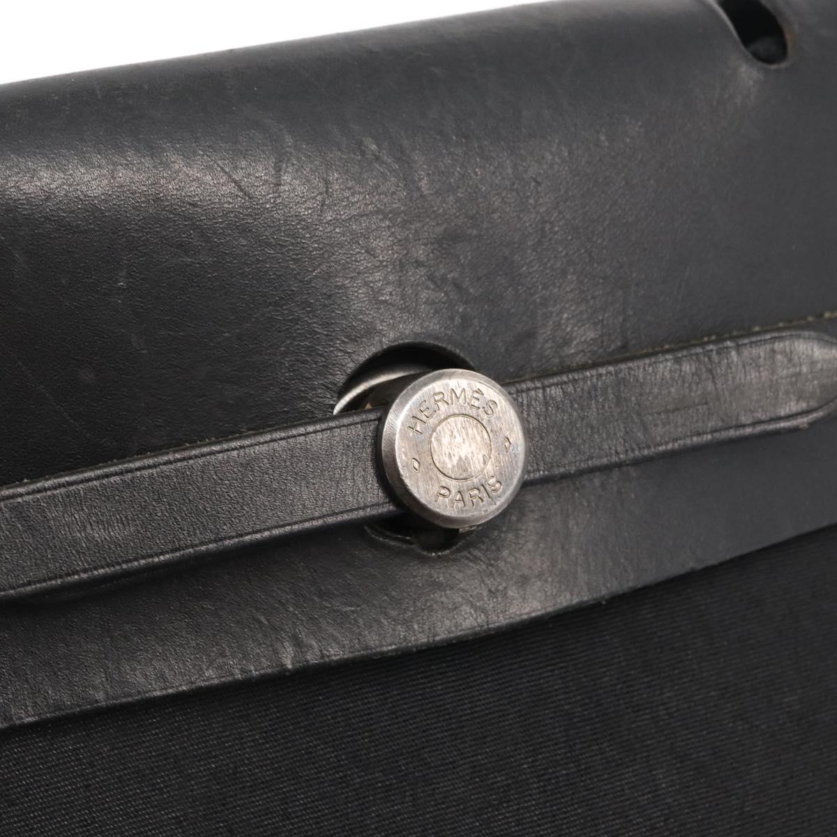 HERMES Herbag MM Hand Bag Canvas Leather Black Silver Auth gh1501