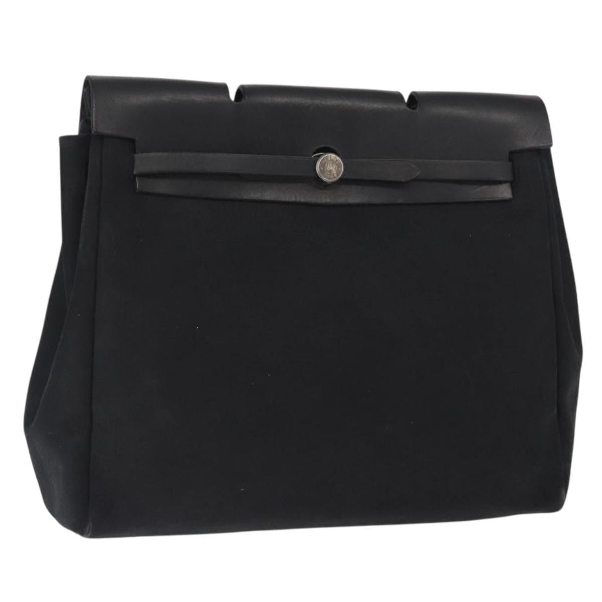 HERMES Herbag MM Hand Bag Canvas Leather Black Silver Auth gh1501