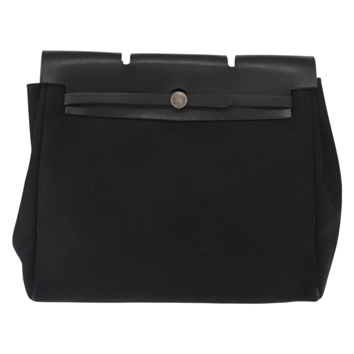 HERMES Herbag MM Hand Bag Canvas Leather Black Silver Auth gh1501