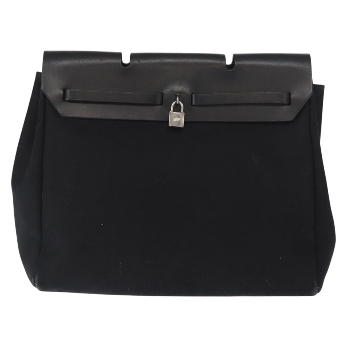 HERMES Herbag MM Hand Bag Canvas Leather Black Silver Auth gh1501