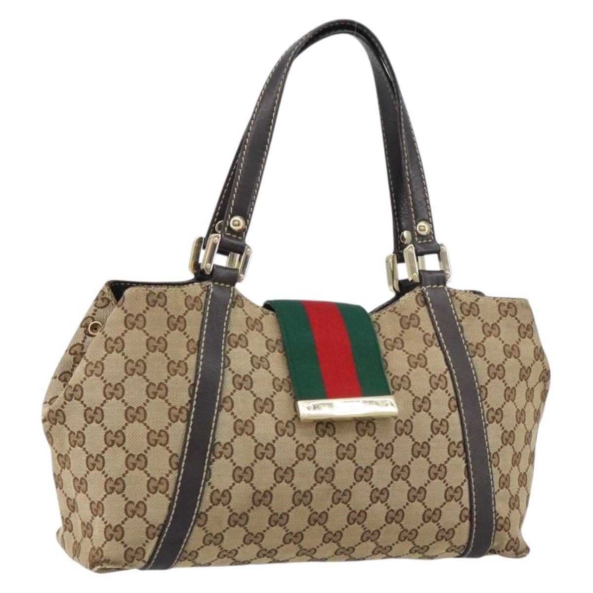 GUCCI GG Canvas Web Sherry Line Tote Bag Beige Gold 211937 Auth gh1522