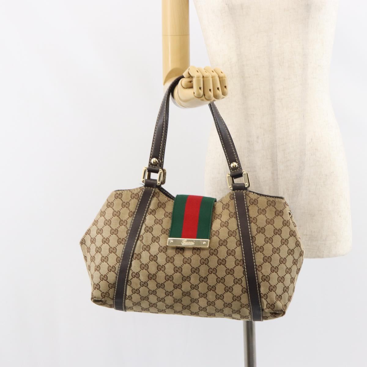 GUCCI GG Canvas Web Sherry Line Tote Bag Beige Gold 211937 Auth gh1522