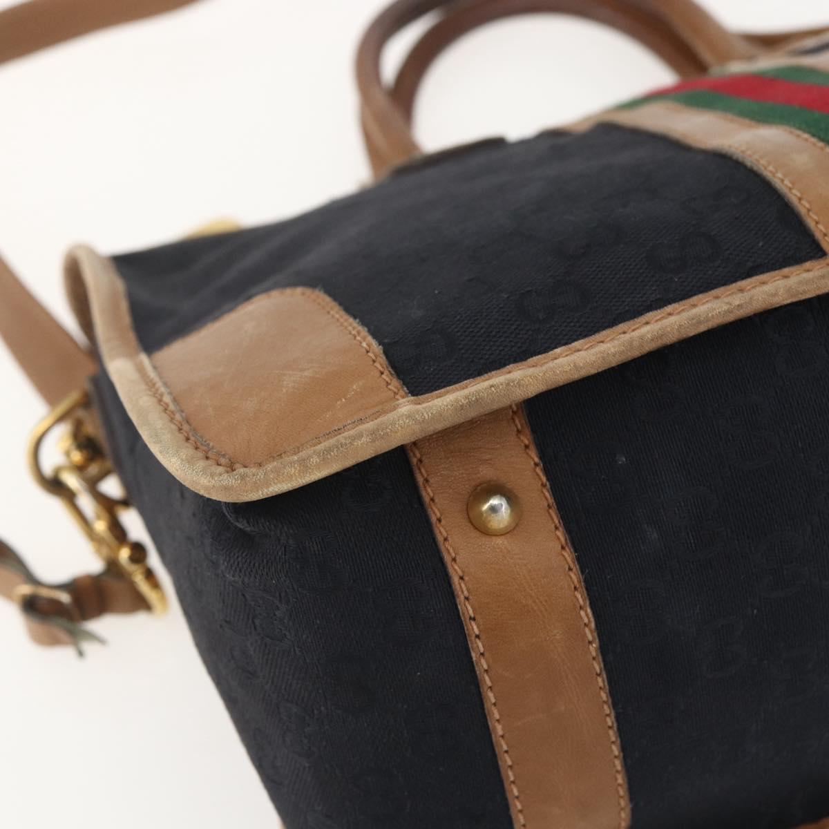 GUCCI Web Sherry Line GG Canvas Hand Bag 2way Black Gold Auth gh1528
