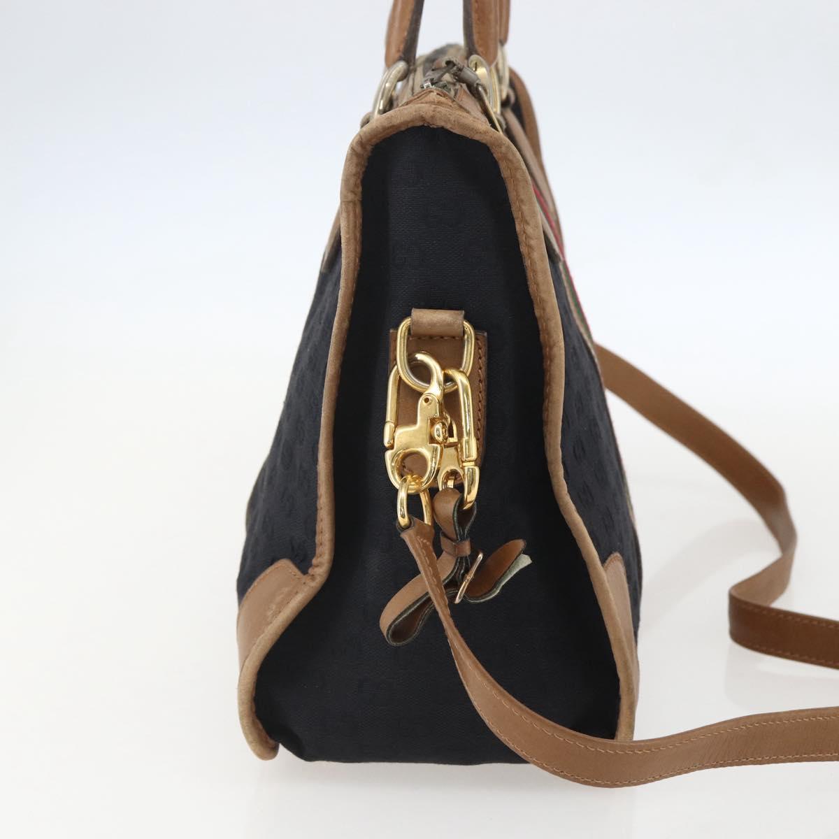 GUCCI Web Sherry Line GG Canvas Hand Bag 2way Black Gold Auth gh1528