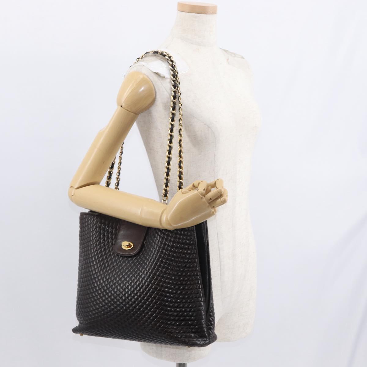 BALLY Chain Shoulder Bag Leather Brown Gold Auth gh1537