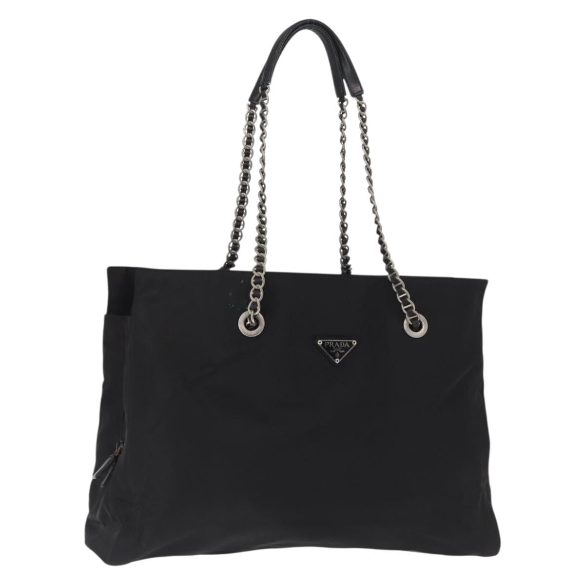 PRADA Chain Shoulder Bag Nylon Black Silver Auth gh1548