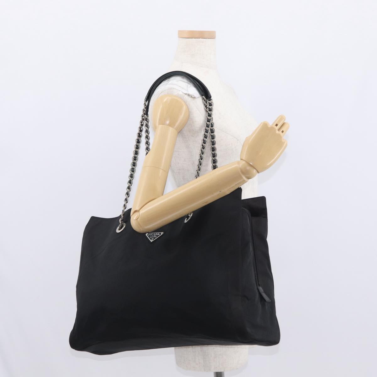 PRADA Chain Shoulder Bag Nylon Black Silver Auth gh1548