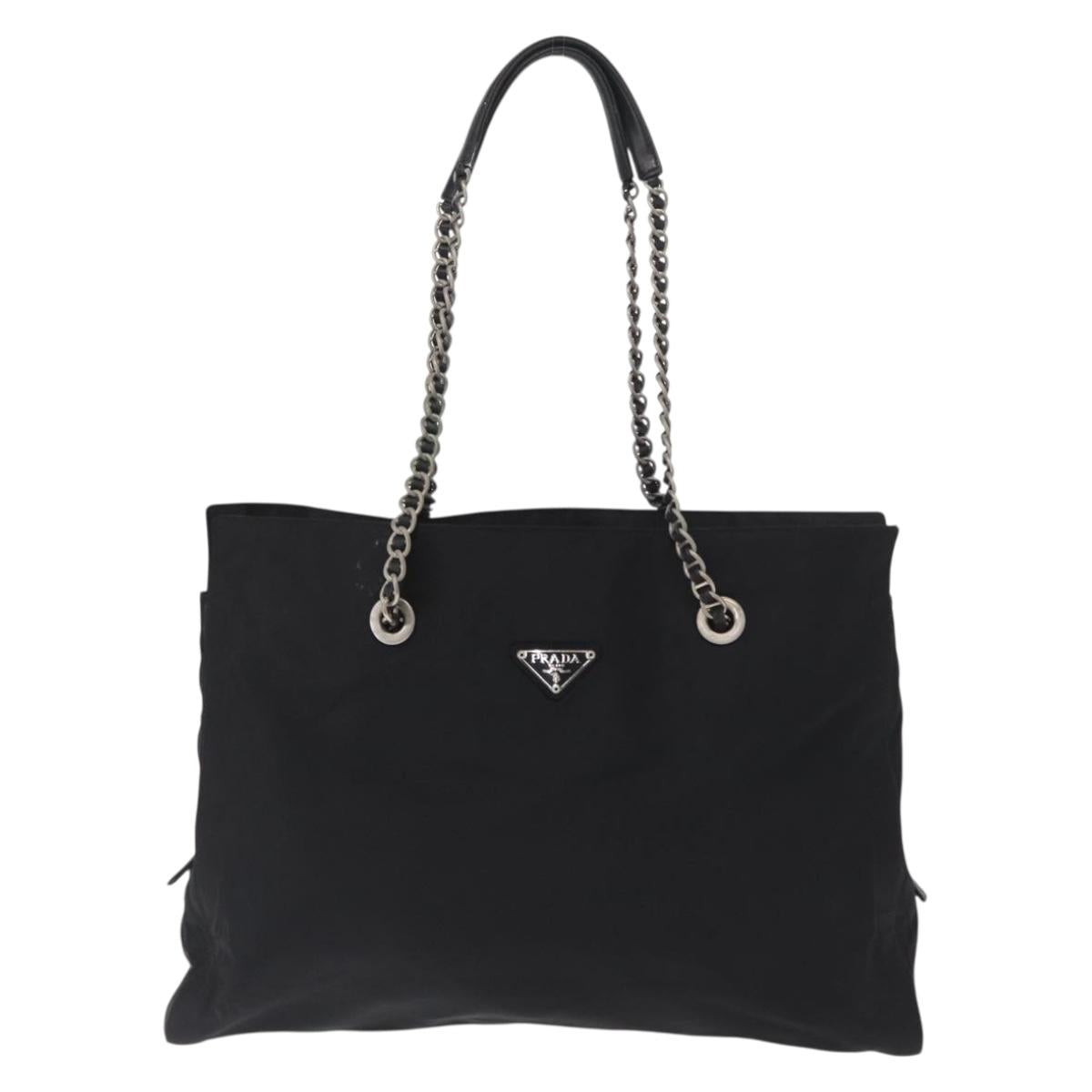 PRADA Chain Shoulder Bag Nylon Black Silver Auth gh1548