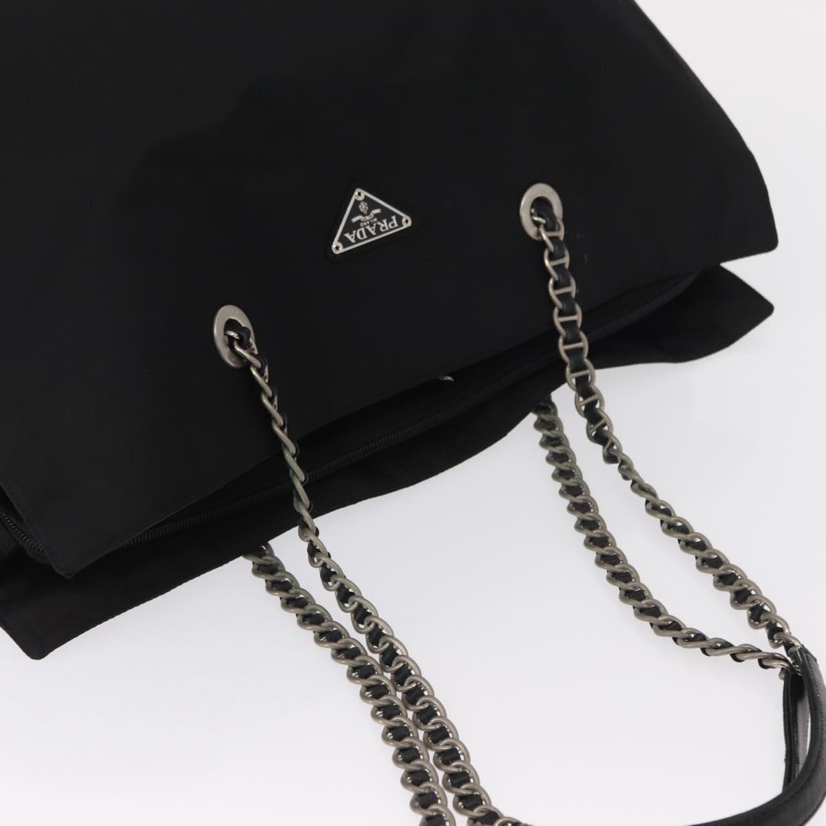 PRADA Chain Shoulder Bag Nylon Black Silver Auth gh1548