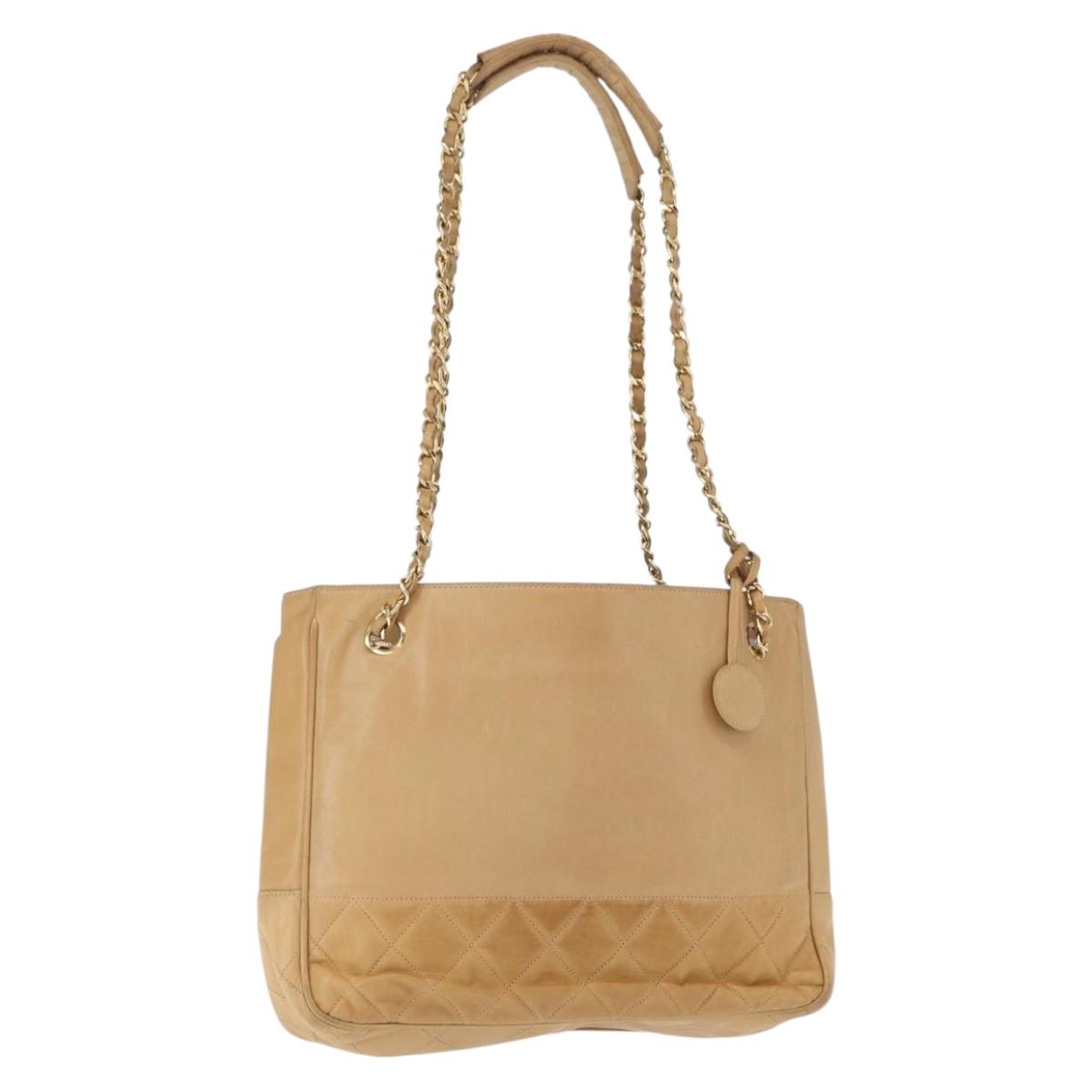 CHANEL Chain Matelasse Shoulder Bag Lamb Skin Beige Gold CC Auth gh1553