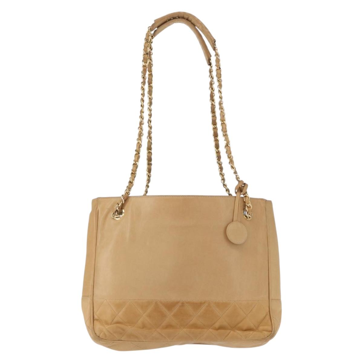 CHANEL Chain Matelasse Shoulder Bag Lamb Skin Beige Gold CC Auth gh1553