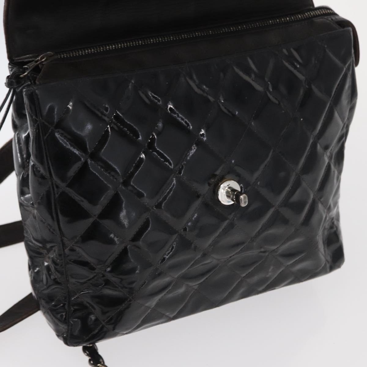 CHANEL Matelasse 25 Chain Backpack Enamel Black Silver CC Auth gh1554