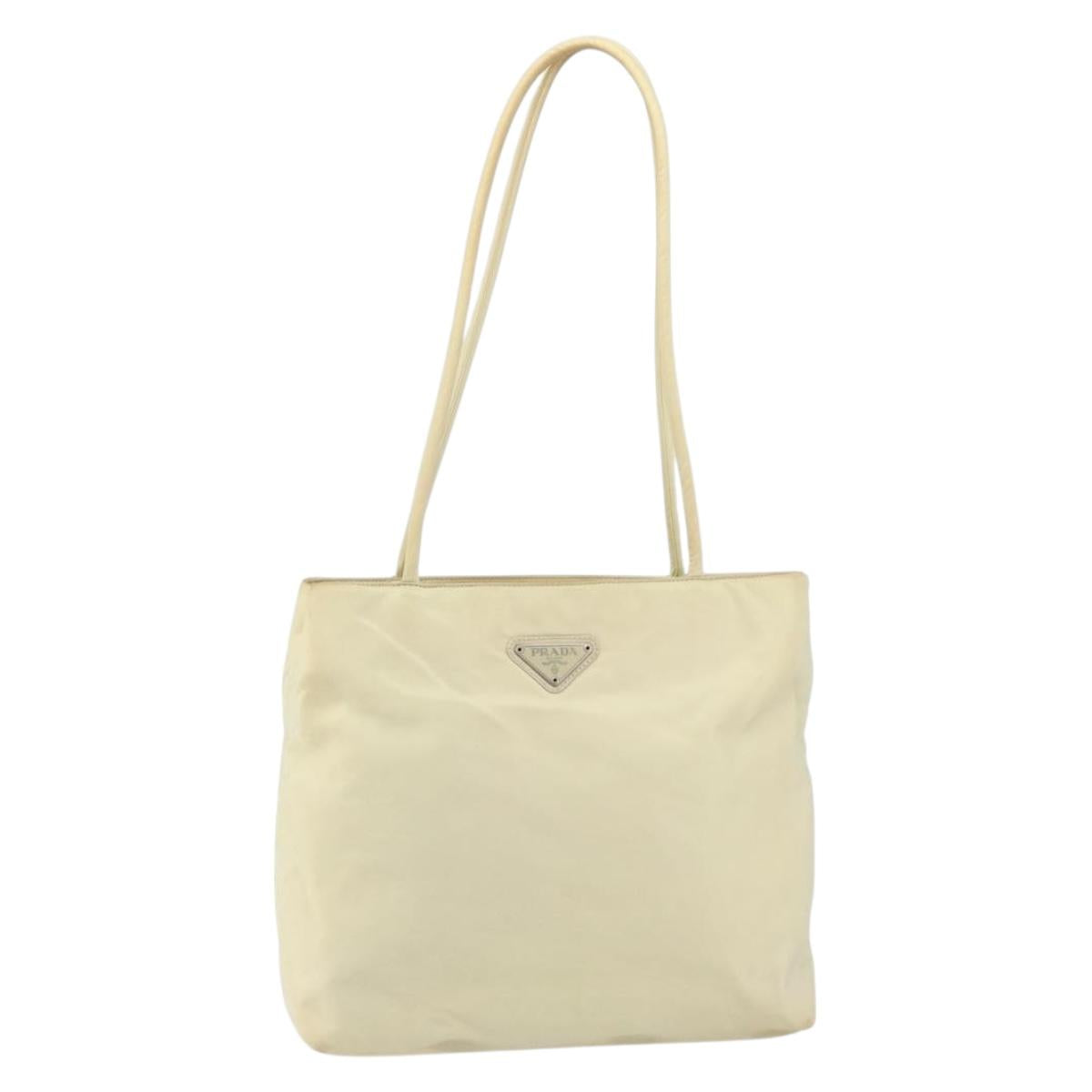 PRADA Tote Bag Nylon Beige Silver Auth gh1662