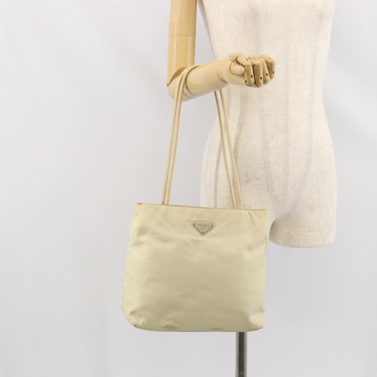 PRADA Tote Bag Nylon Beige Silver Auth gh1662
