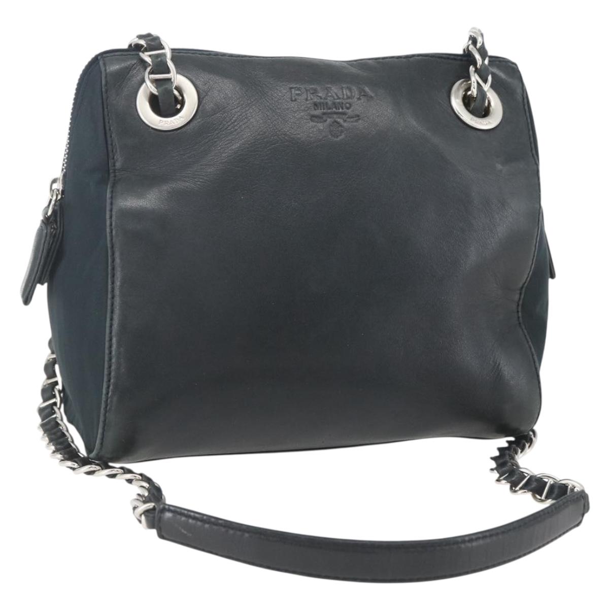 PRADA Chain Shoulder Bag Leather Navy Silver Auth gh1663