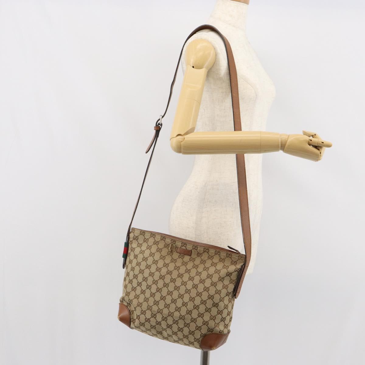 GUCCI GG Canvas Web Sherry Line Shoulder Bag Beige Gold 337598 Auth gh1670