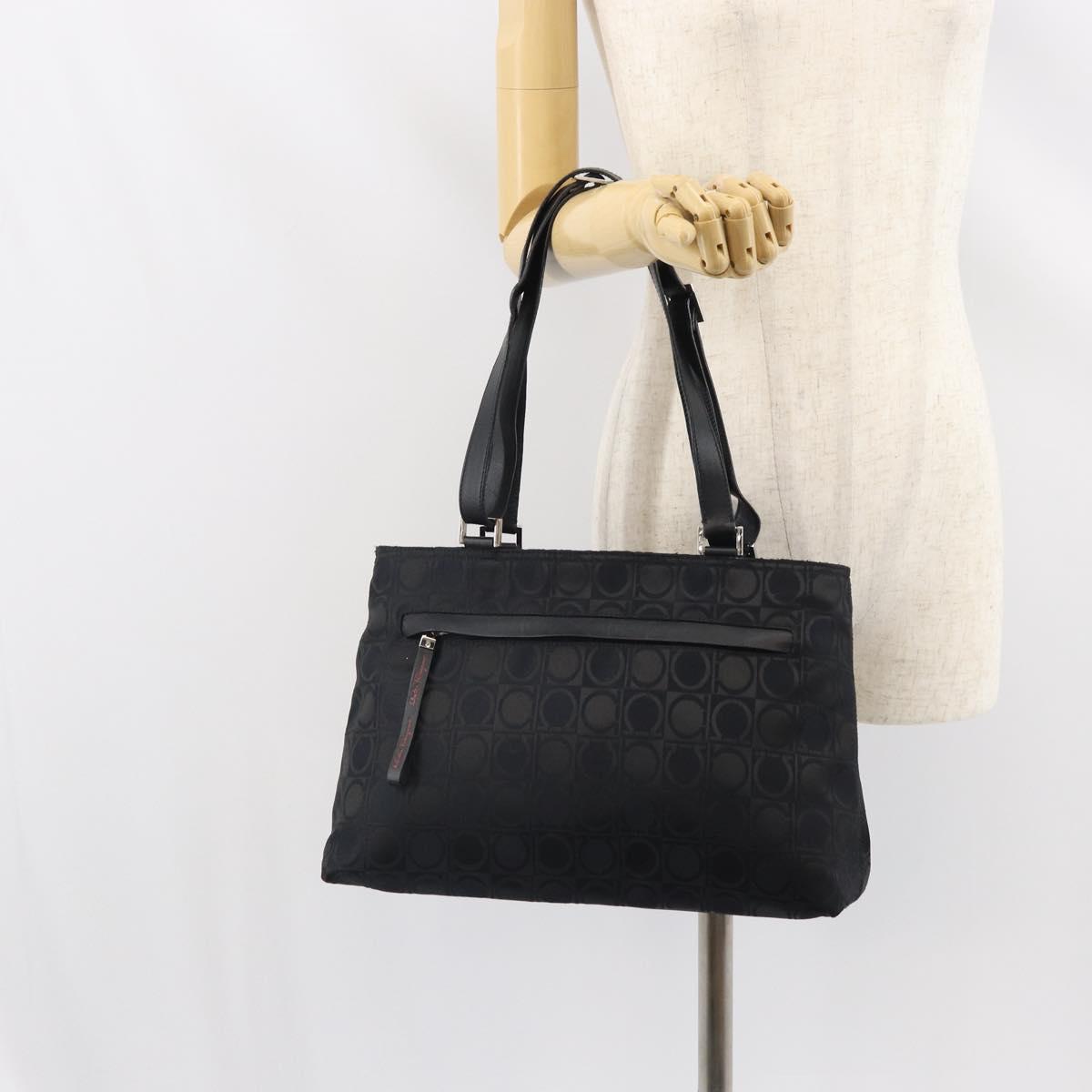 Salvatore Ferragamo Gancini Tote Bag Nylon Black Silver Auth gh1671